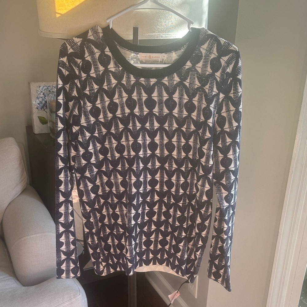 Tory Burch Navy and White Geometric Sweater
